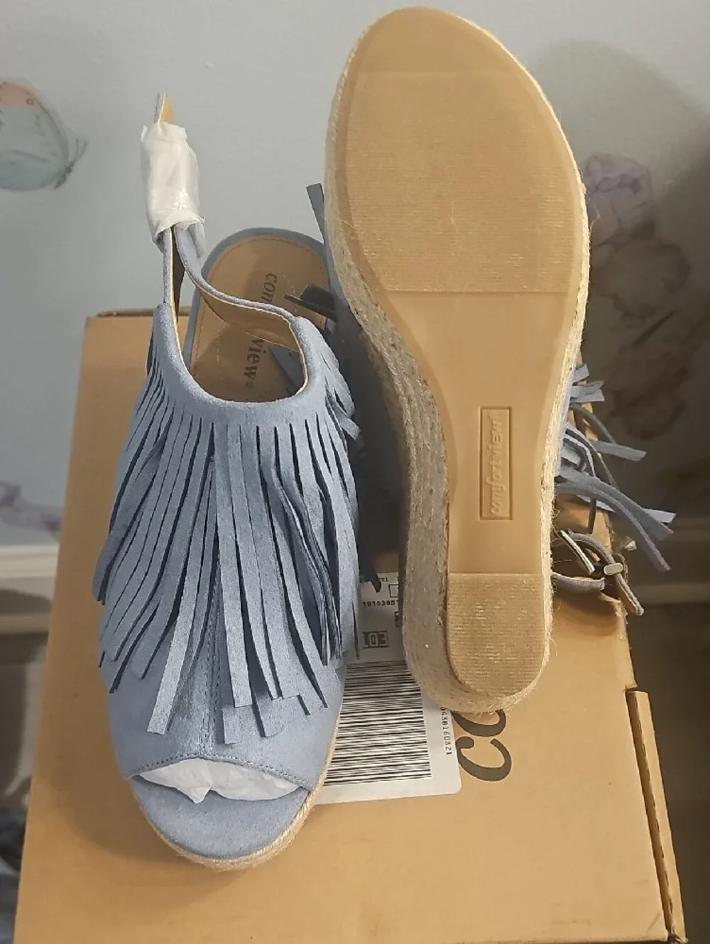 comfortview Light Blue Fringe Espadrille Wedge Sandals